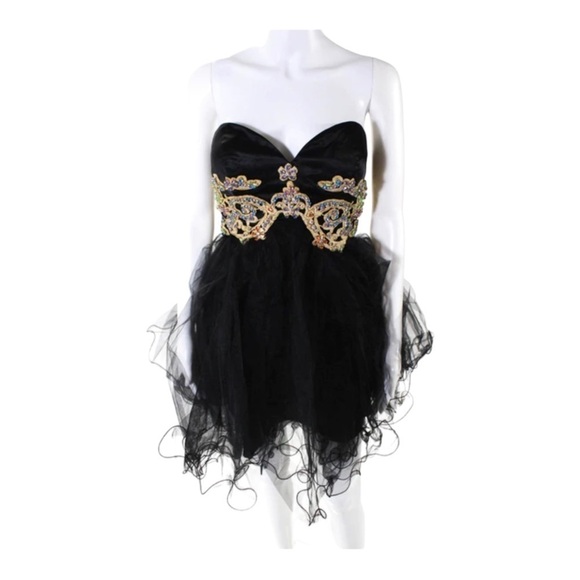 SHERRI HILL Black Gold Embroidered Tulle Strapless Mini Cocktail Dress Size 2 - Picture 5 of 10